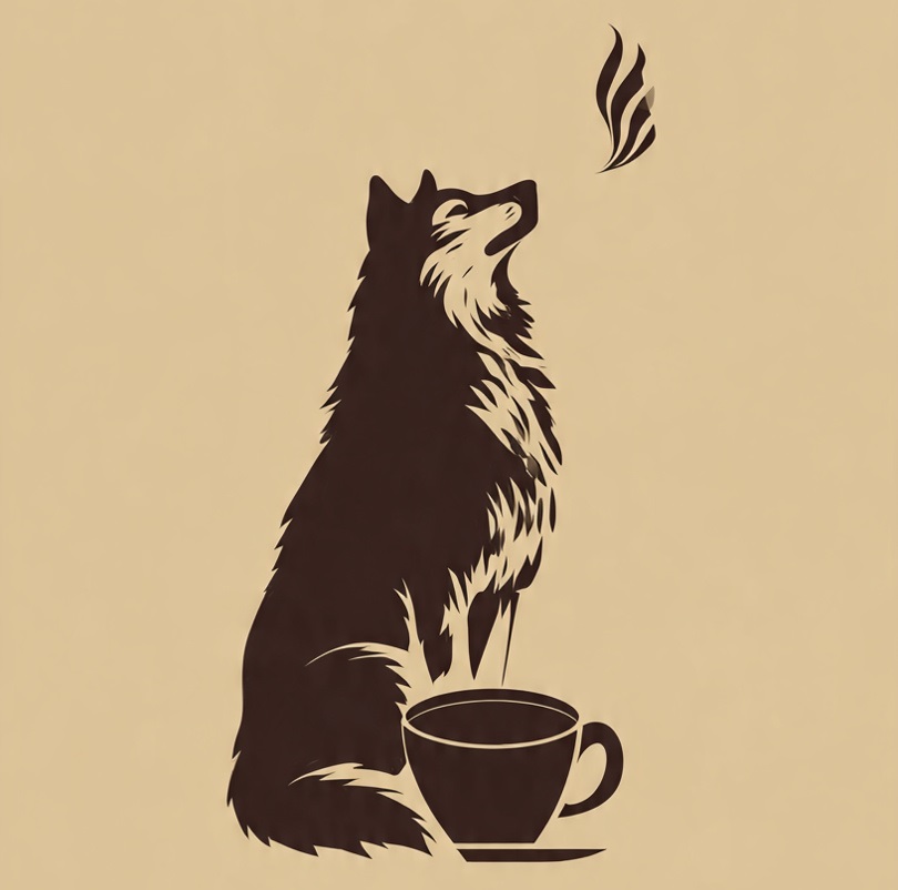 logo da cafeteria, um cachorro e uma xícara